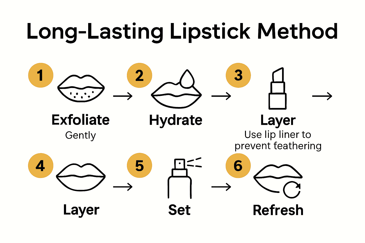 Infographic showing six steps for long-lasting lipstick wear with icons.