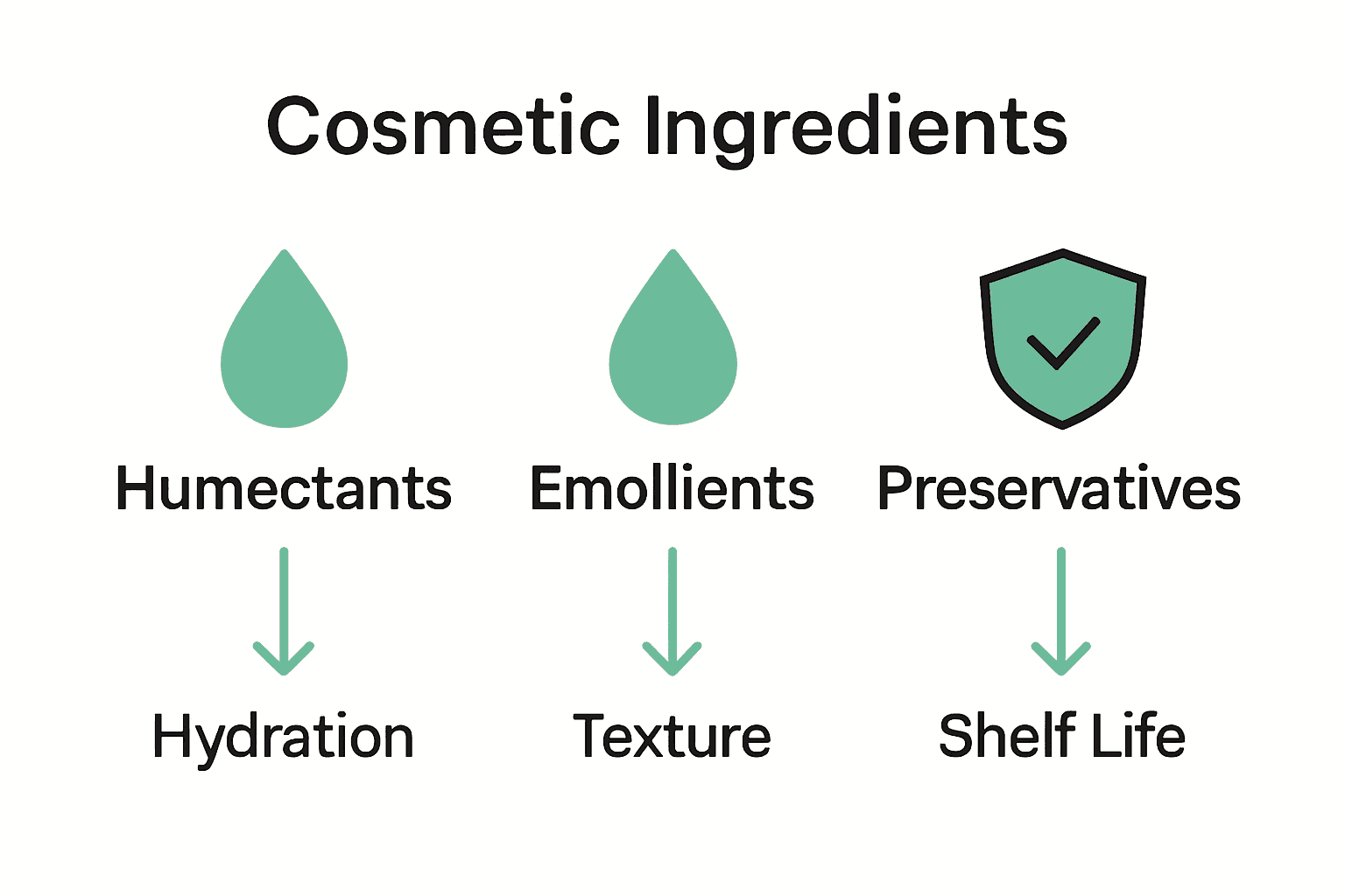 Infographic comparing humectants, emollients, and preservatives in cosmetics.