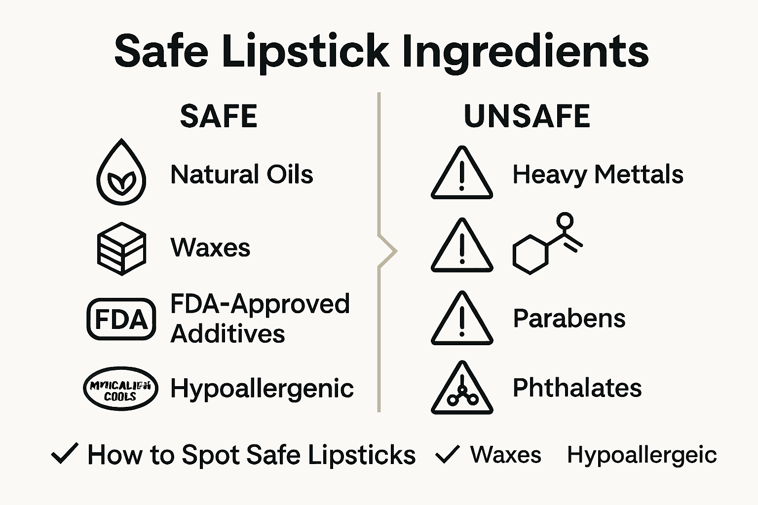 Infographic compares safe vs unsafe lipstick ingredients with icons and checklist for consumers.