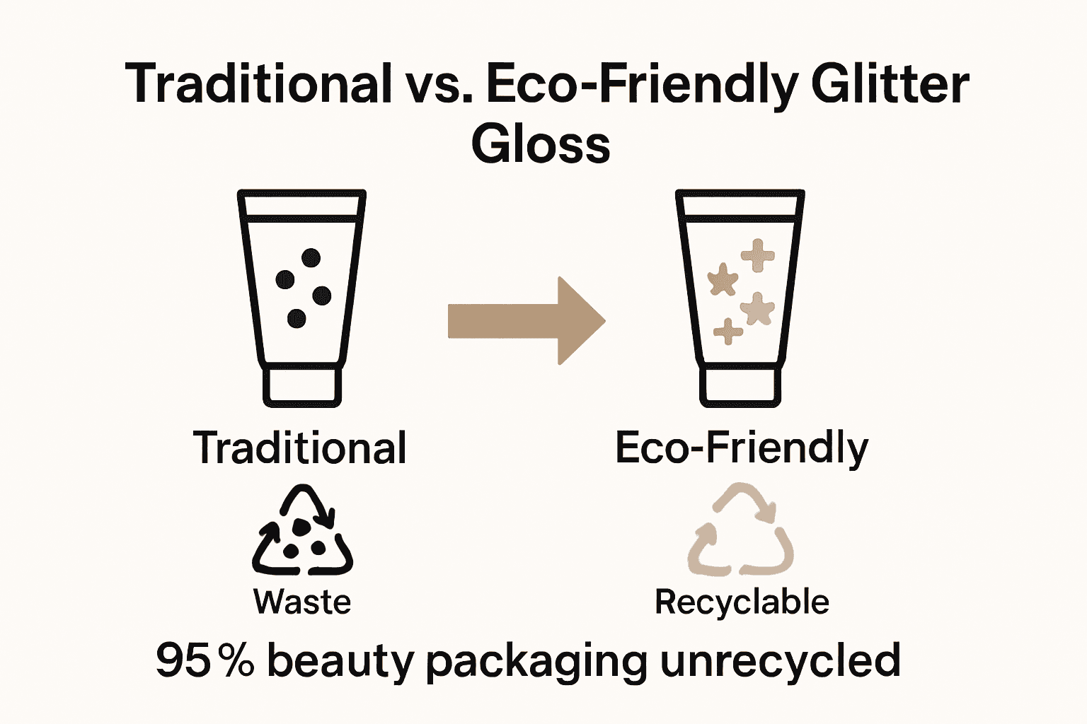 Infographic comparing traditional and eco-friendly glitter gloss ingredients and sustainability impact.