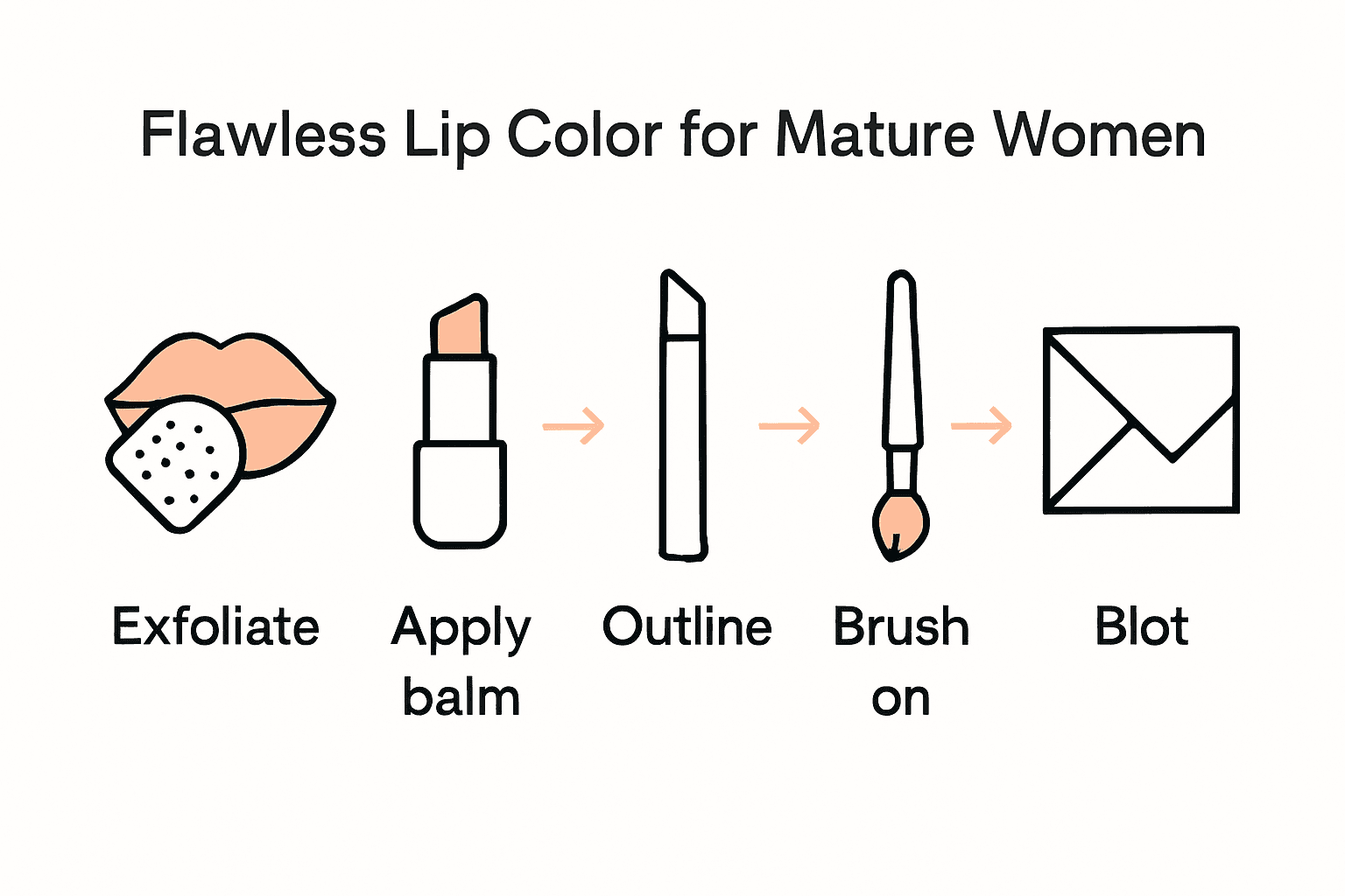Infographic of 5 steps for flawless lip color for mature women: exfoliate, moisturize, line, apply, set.