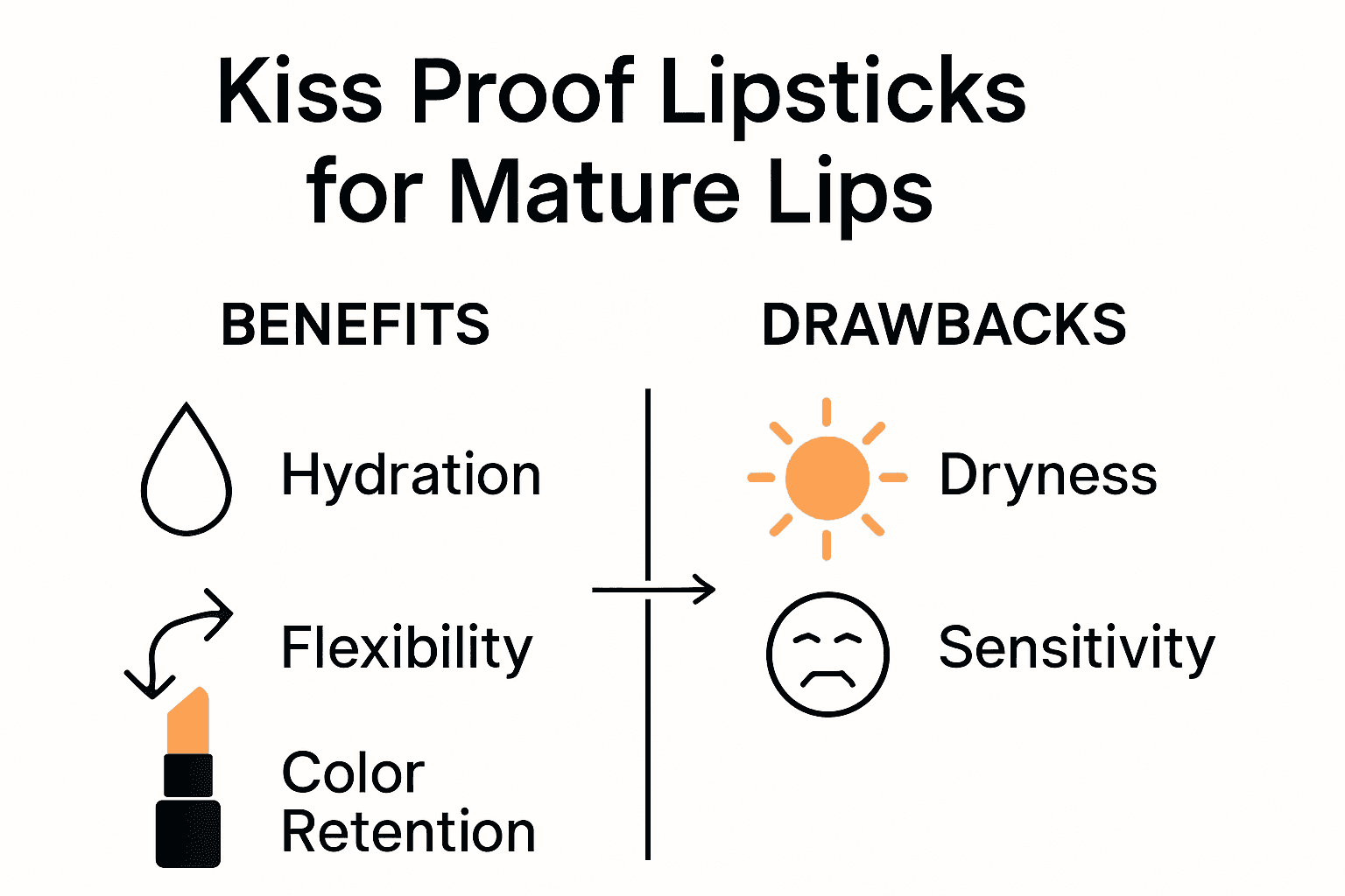 Infographic comparing benefits and drawbacks of kiss proof lipstick for mature lips