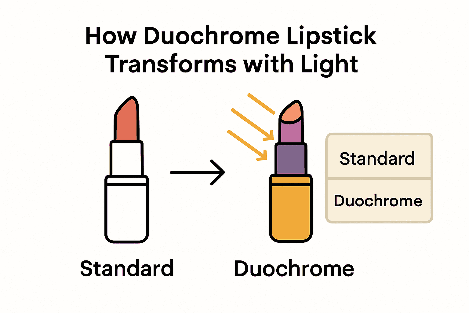 Diagram shows duochrome lipstick color-shifting under angled light compared to standard lipstick.