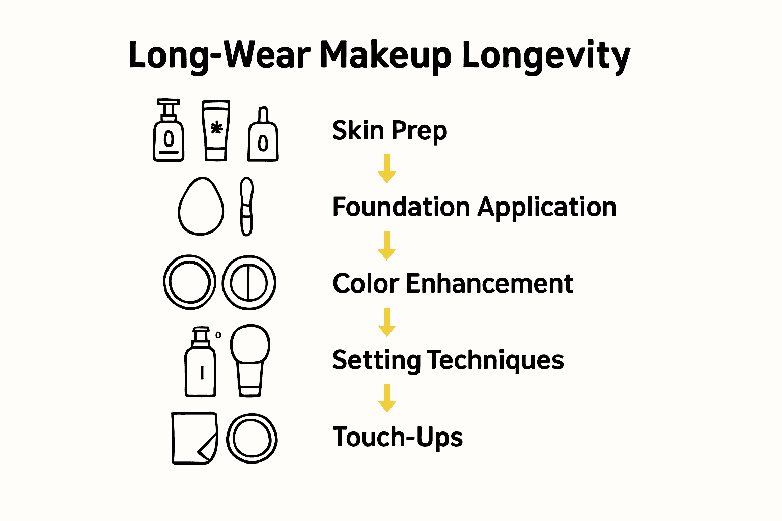 Infographic depicting the 5-step process for long-wear makeup application with icons for each key stage.