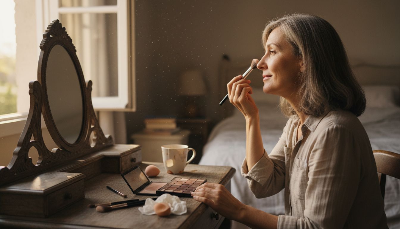 Woman applying neutral eyeshadow at vanity