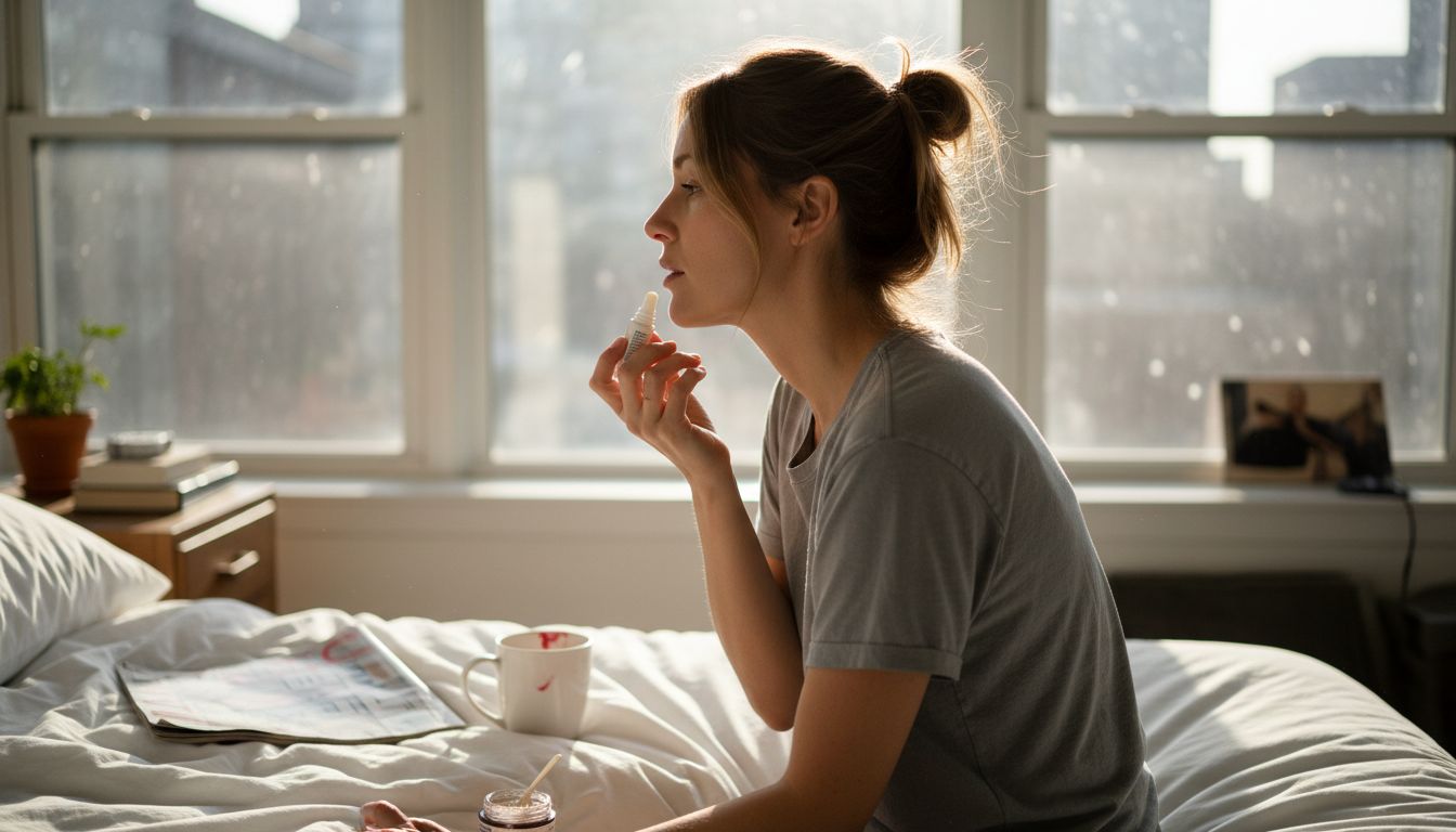 Woman hydrates lips after exfoliation