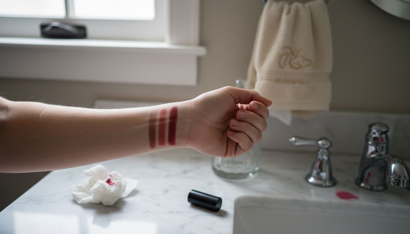 Mature woman swatching lipstick textures on wrist
