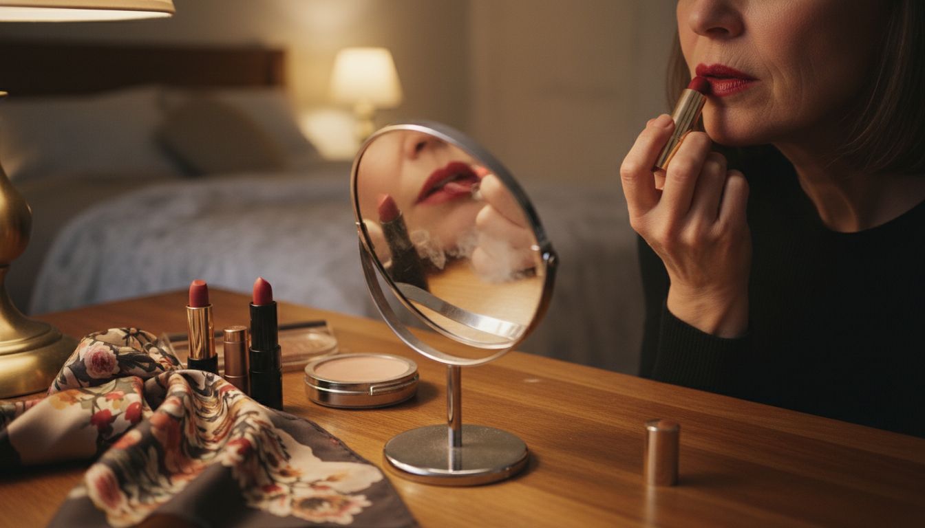 Close-up of mature lips applying satin lipstick