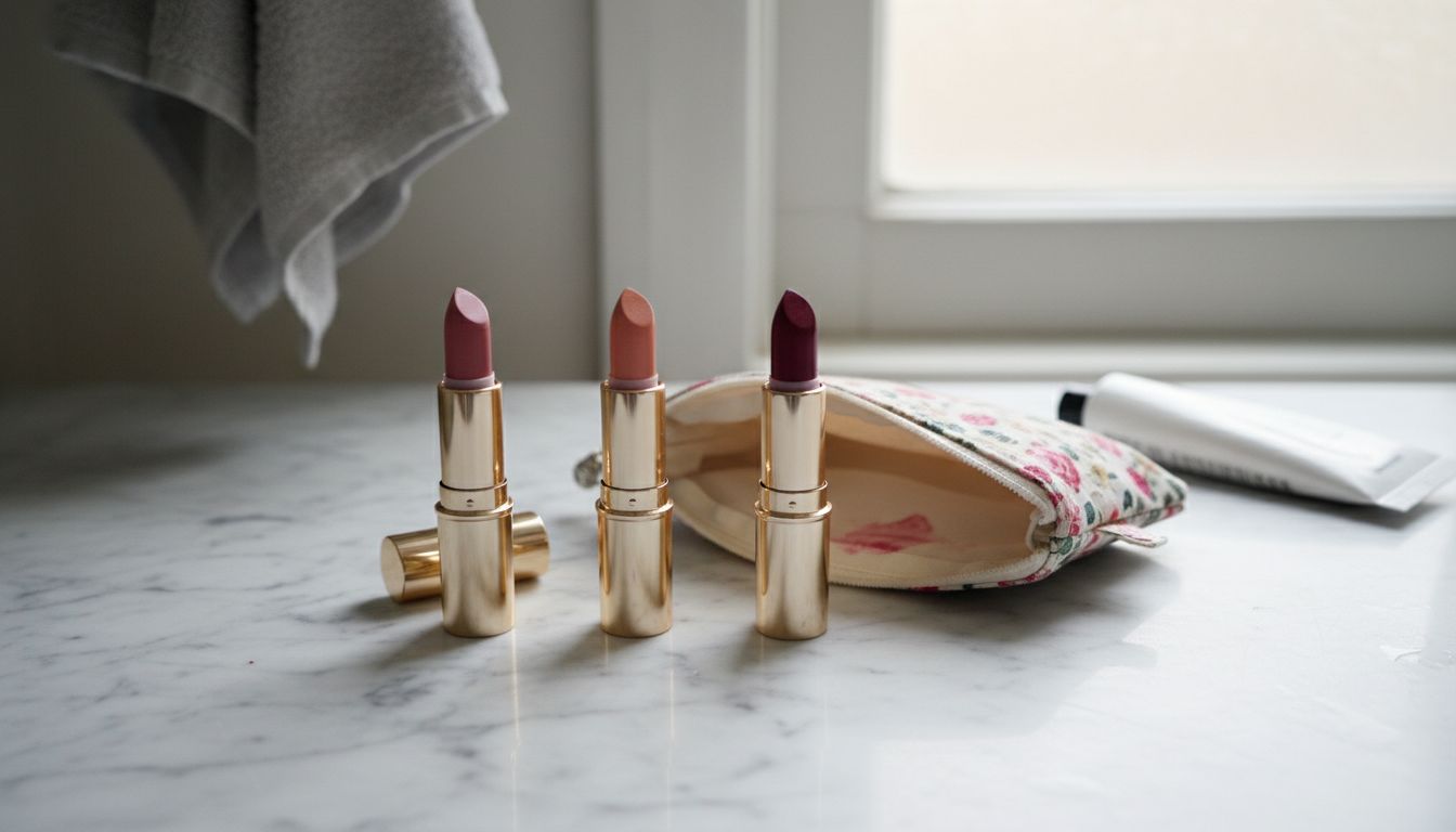 Range of satin lipstick shades on counter