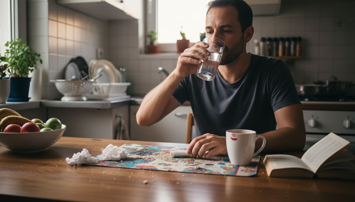 Man hydrates lips at kitchen table