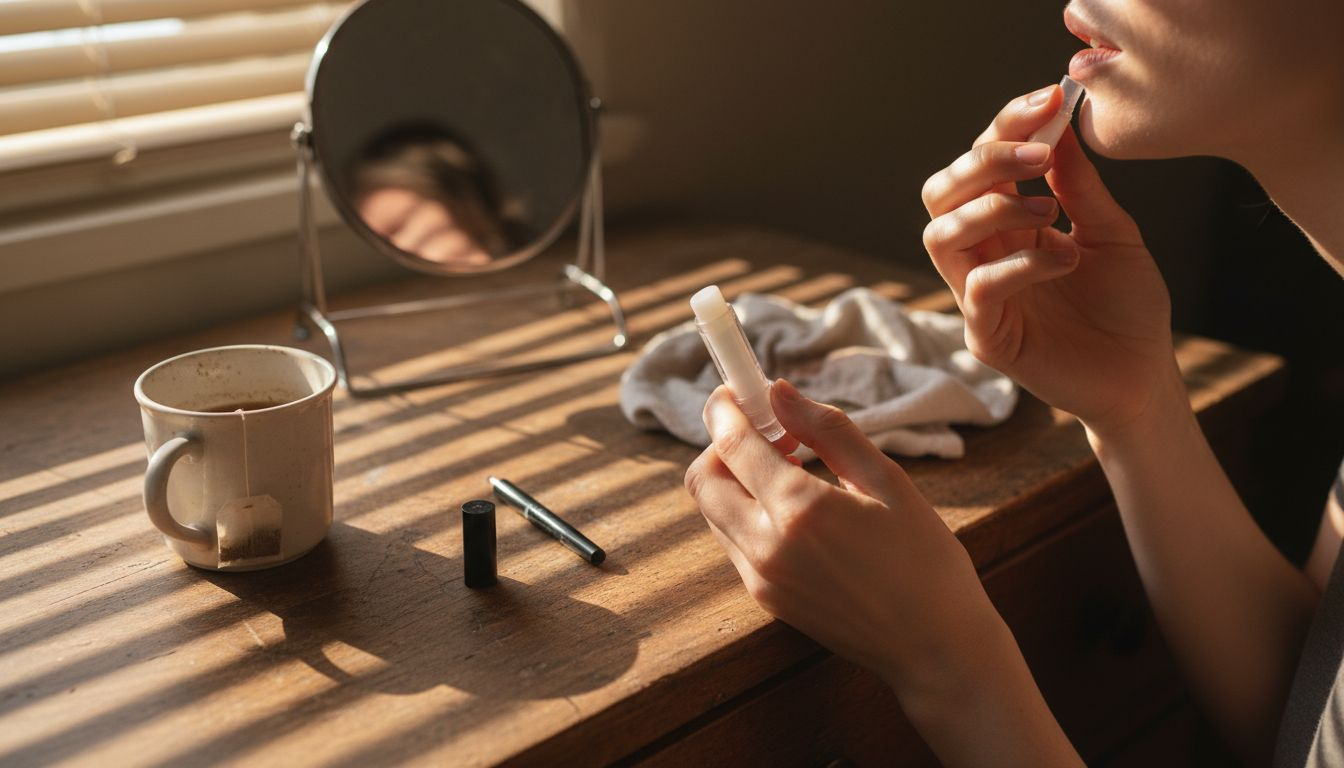 Close-up lip balm application details