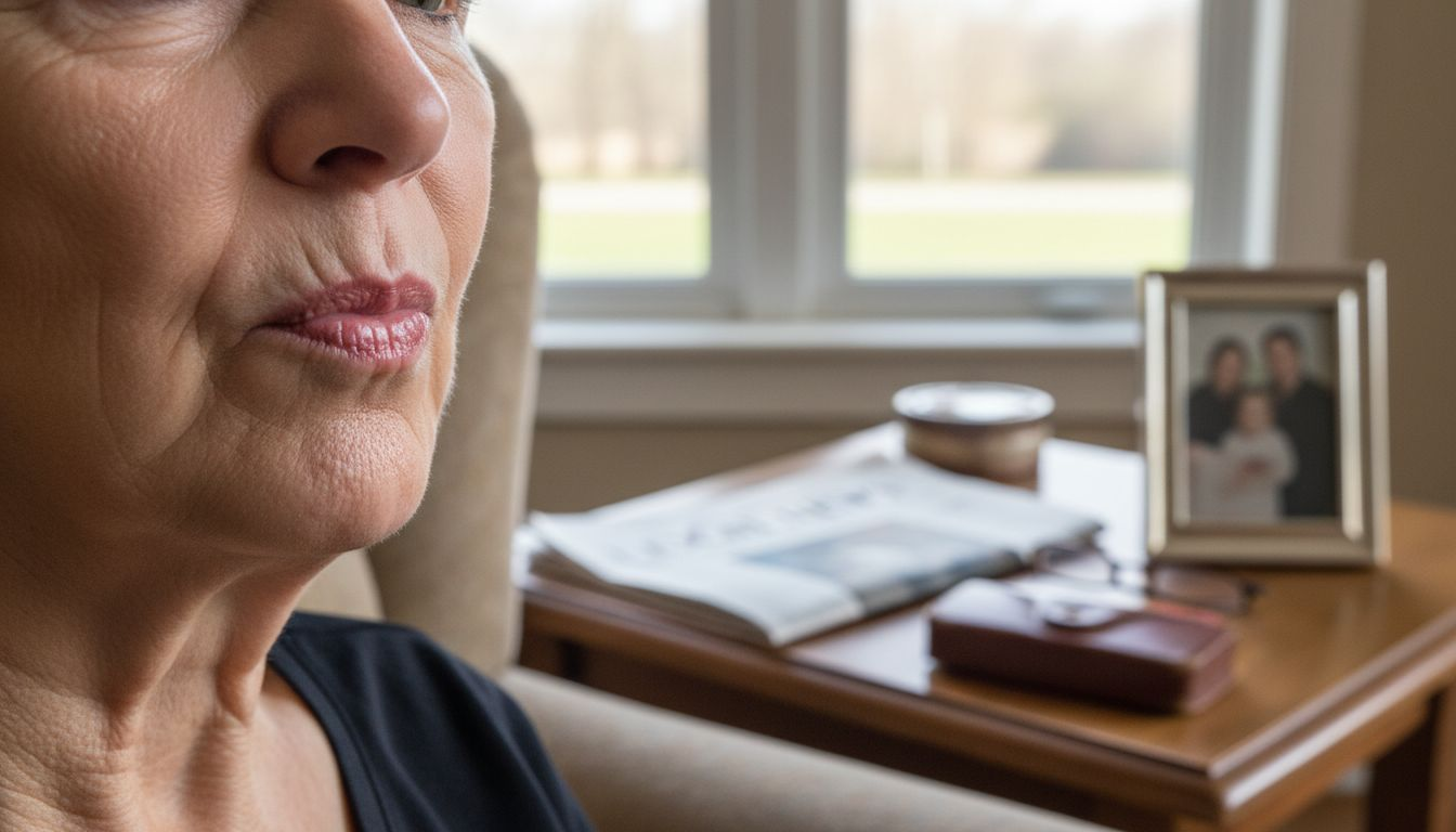 Close-up mature lips with creamy lipstick