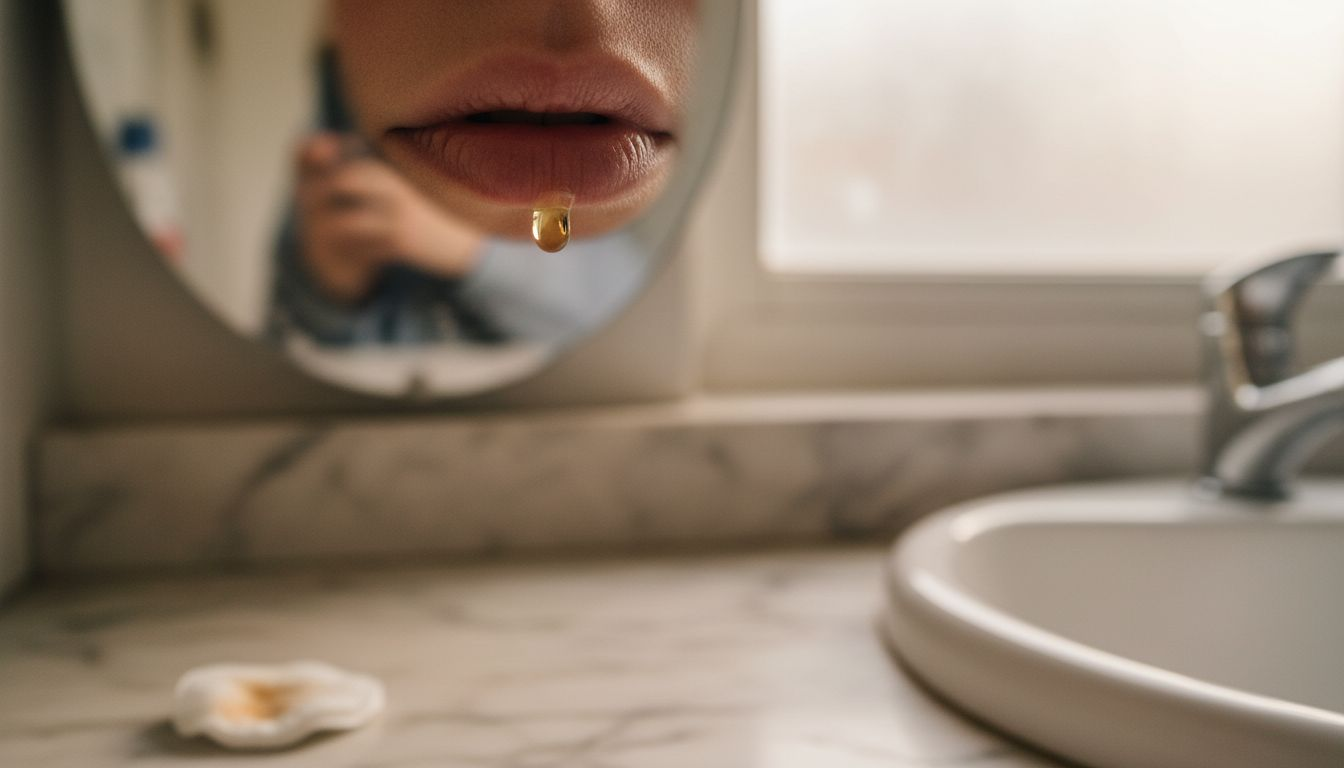 Macro jojoba oil drop on lips