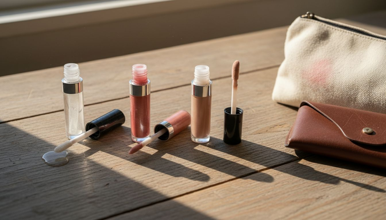 Various types of lip gloss tubes on vanity