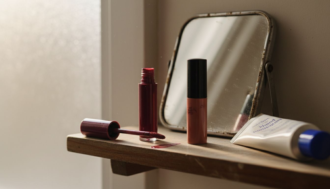 Open liquid lipstick tubes on bathroom shelf