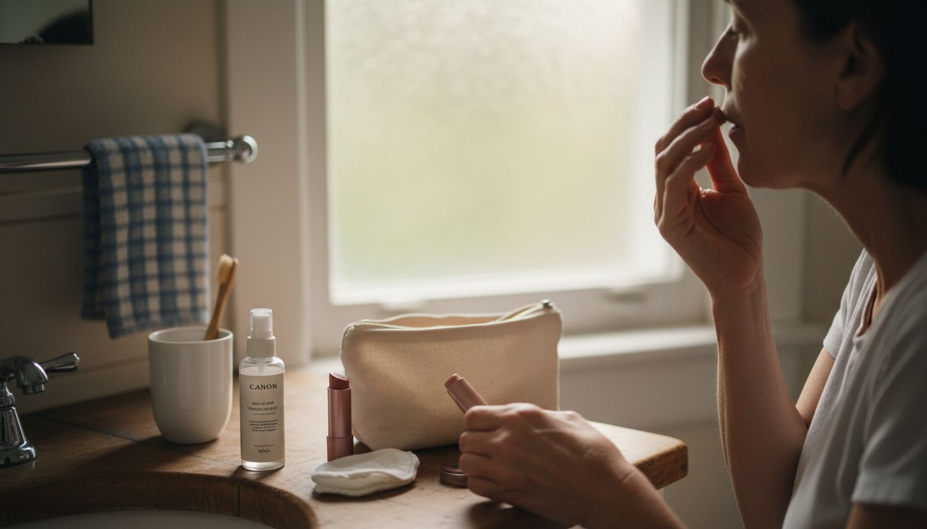 Hands applying multipurpose makeup in bathroom