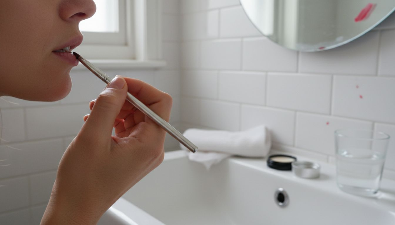 Close-up hands using brush for lipstick