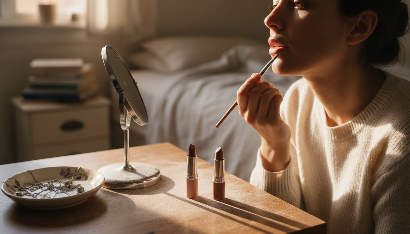 Close-up of woman layering natural lip color