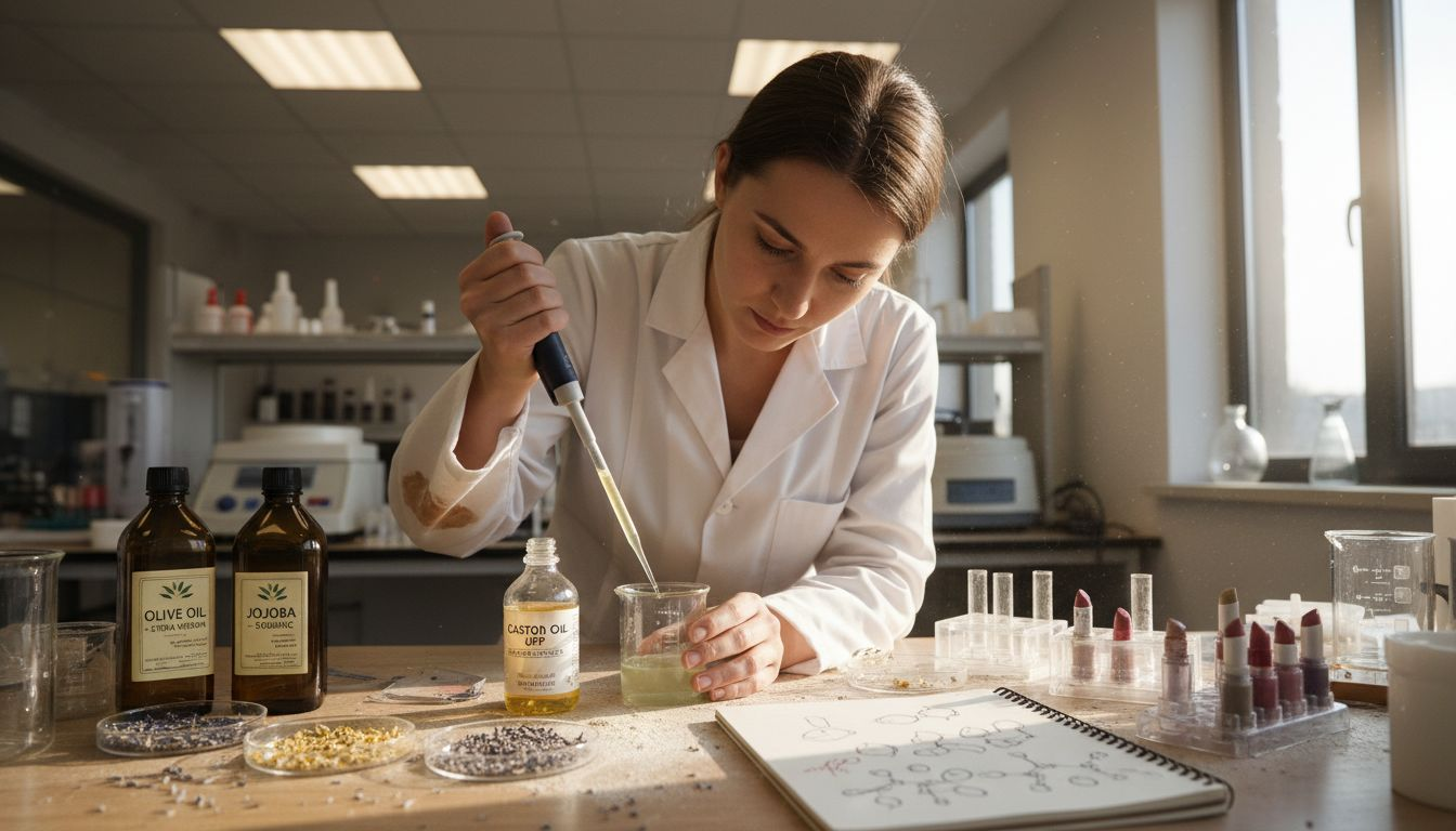 Technician measuring natural emollients for lipstick