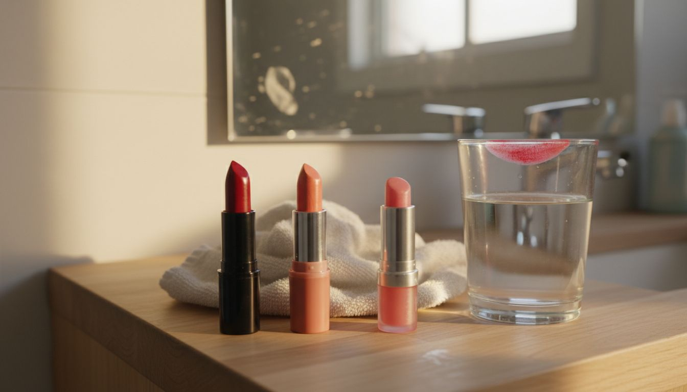Three lipstick formulas on cluttered bathroom counter