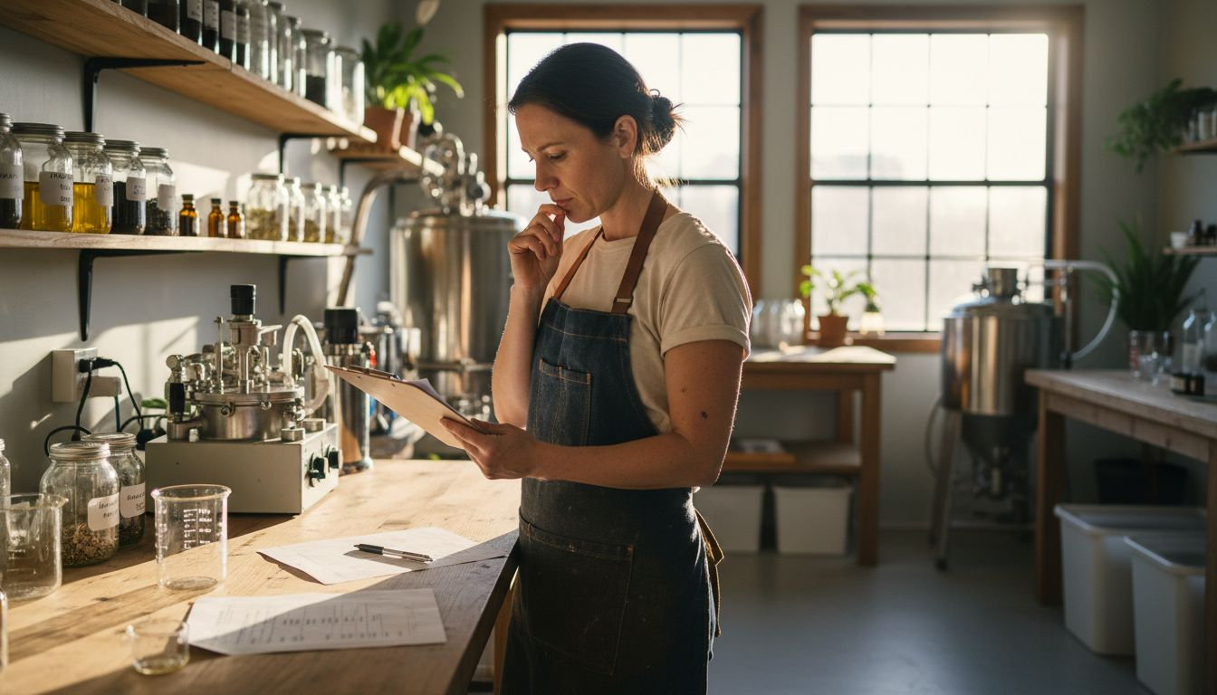 Technician checking sustainable lip oil production