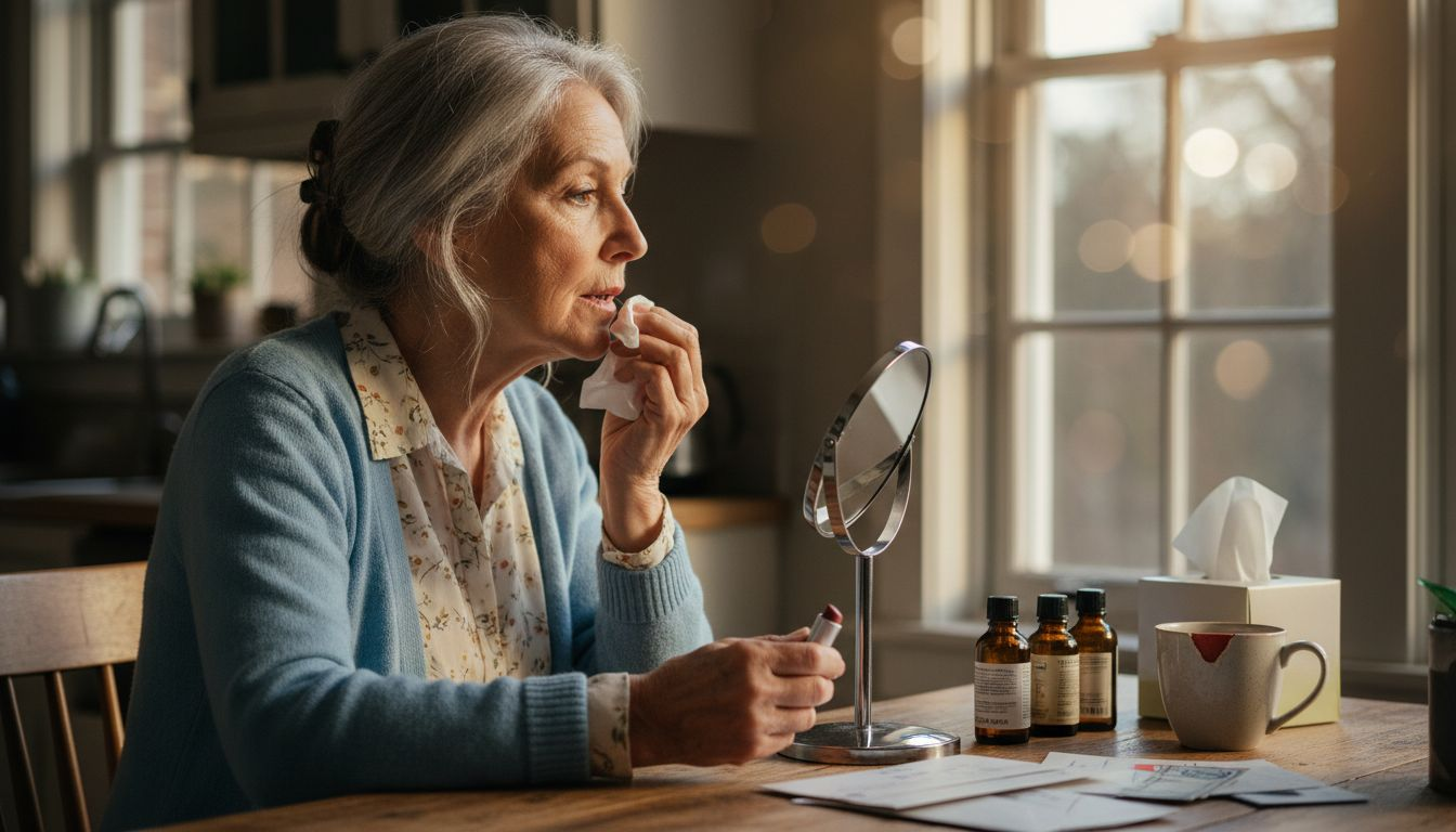 Older woman moisturizing lips in sunlit kitchen