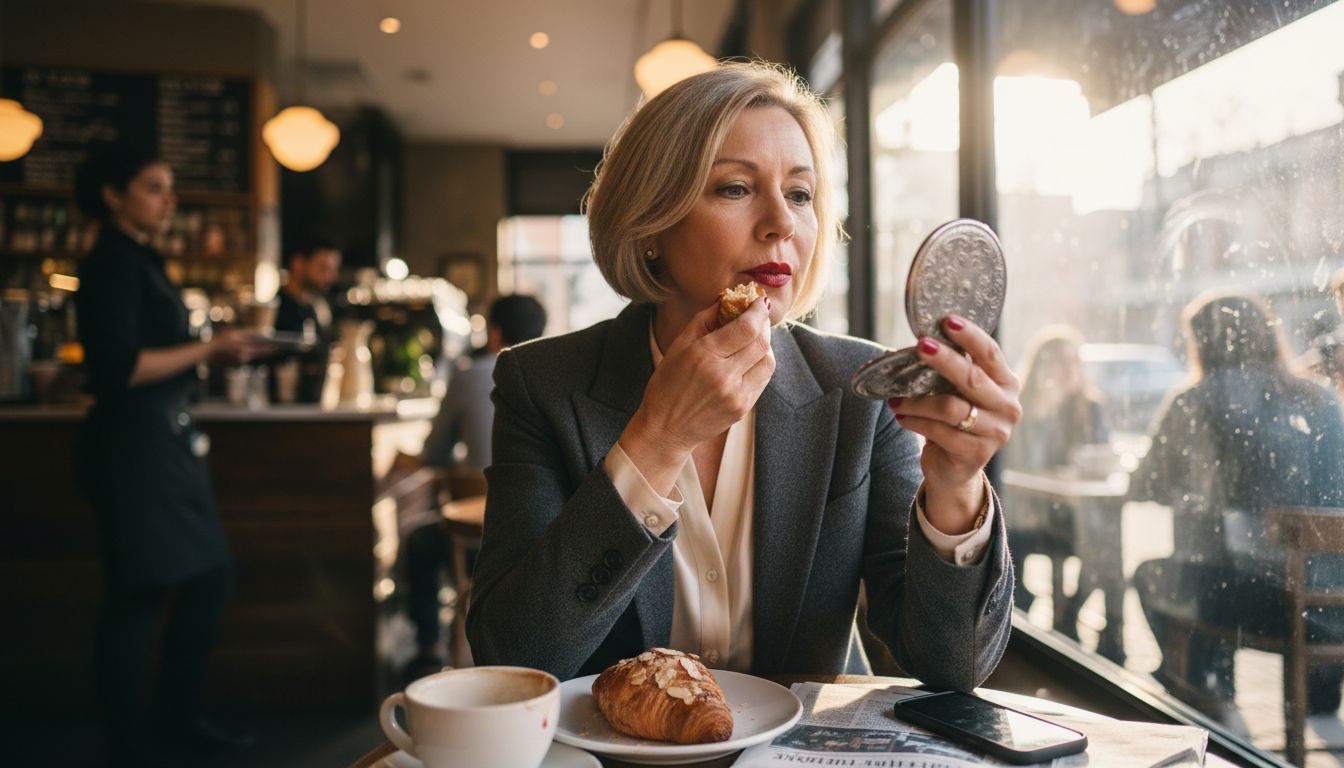 Woman with matte lipstick at busy café