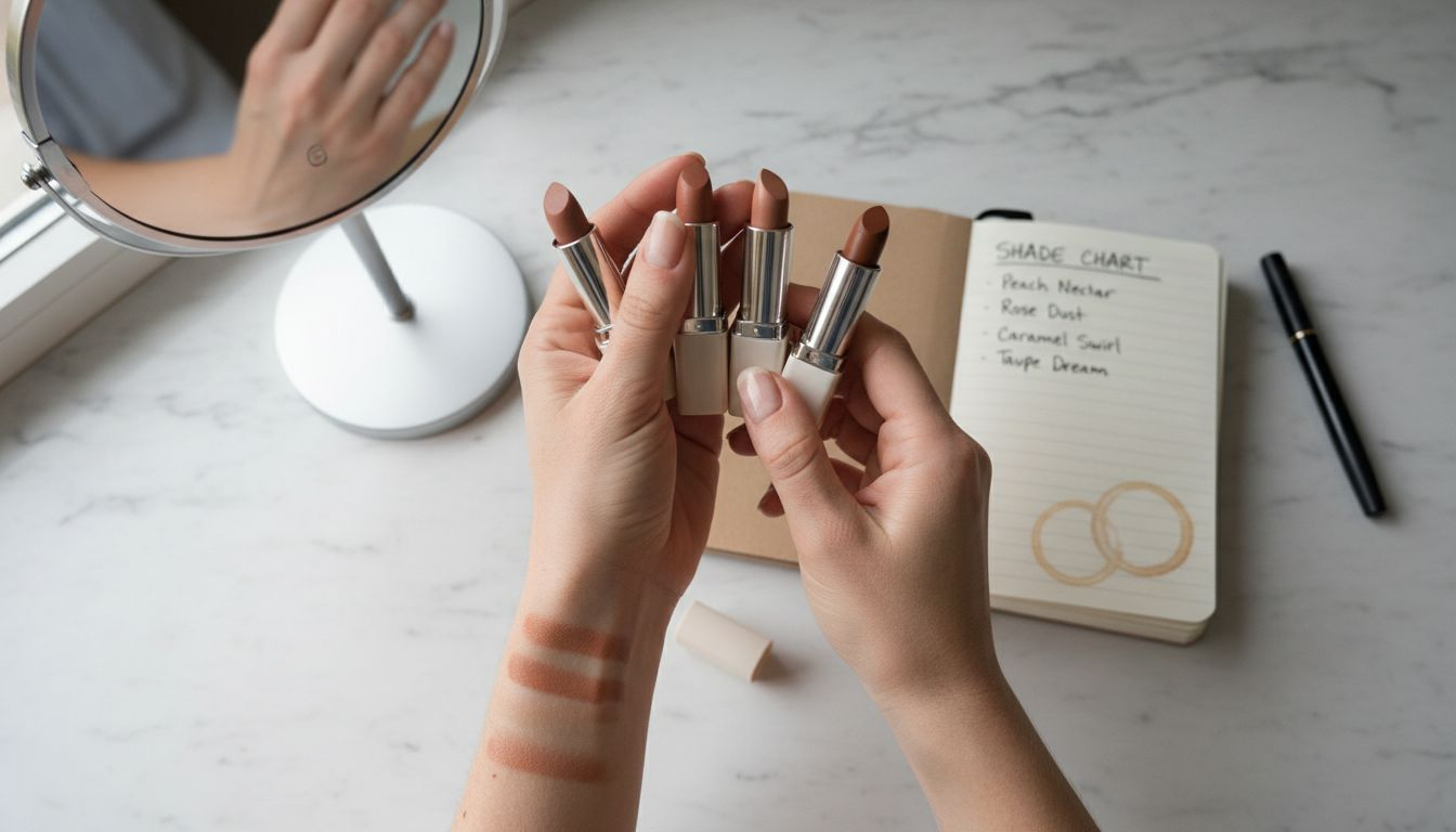 Hands swatching four nude lipsticks on wrist