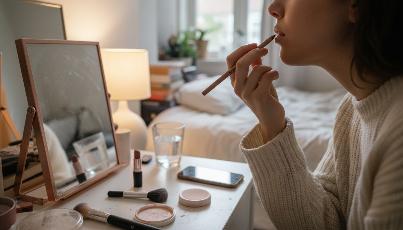 Closeup of lip liner outlining lips