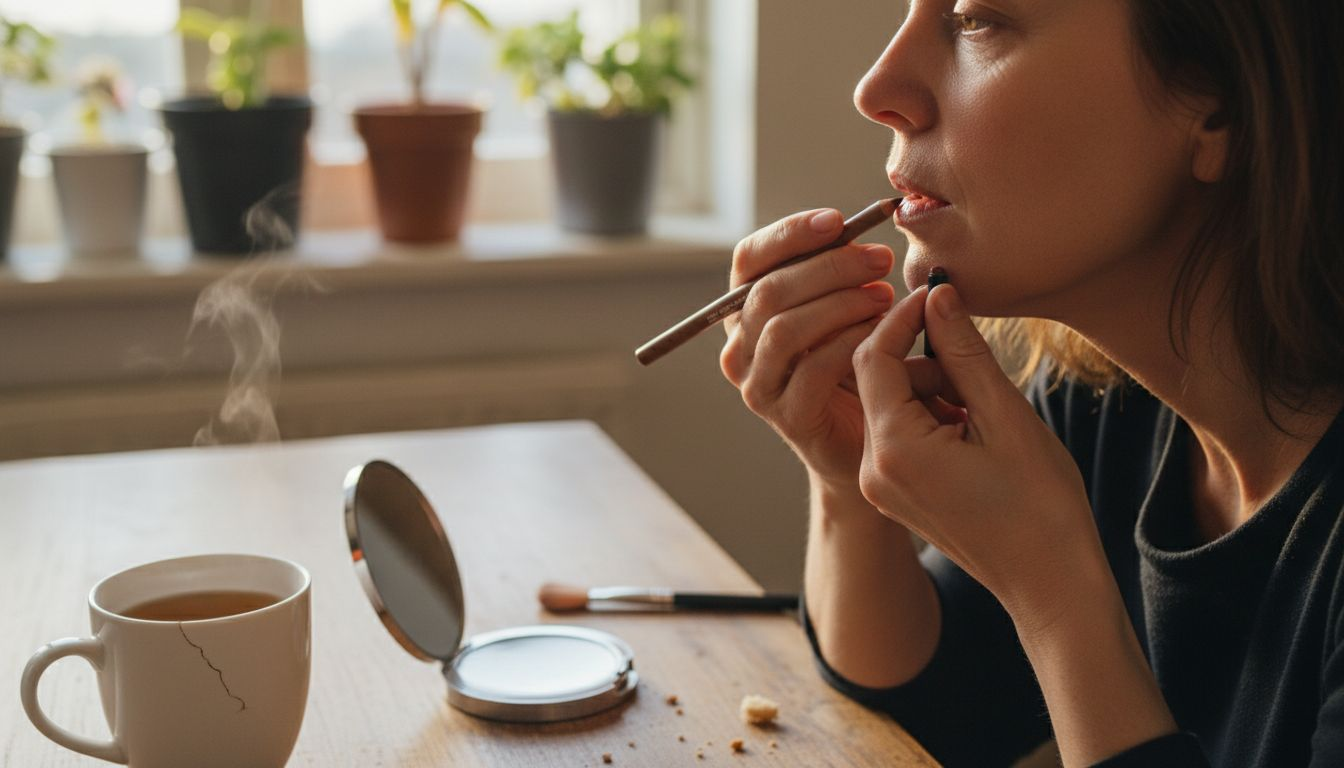 Close-up precise mocha lip liner application