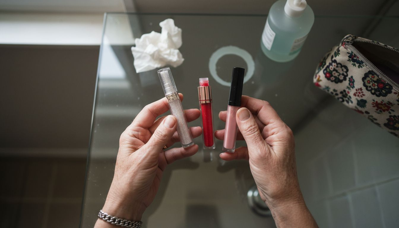 Close-up of lip gloss tubes for mature skin