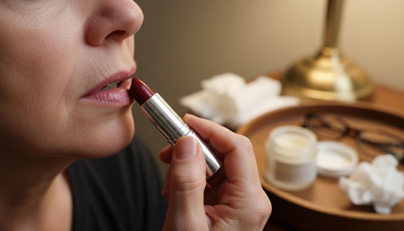 Thin lipstick being applied to mature lips