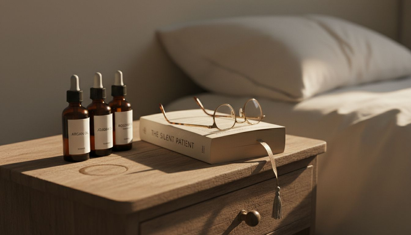 Natural botanical oils on wooden bedside table