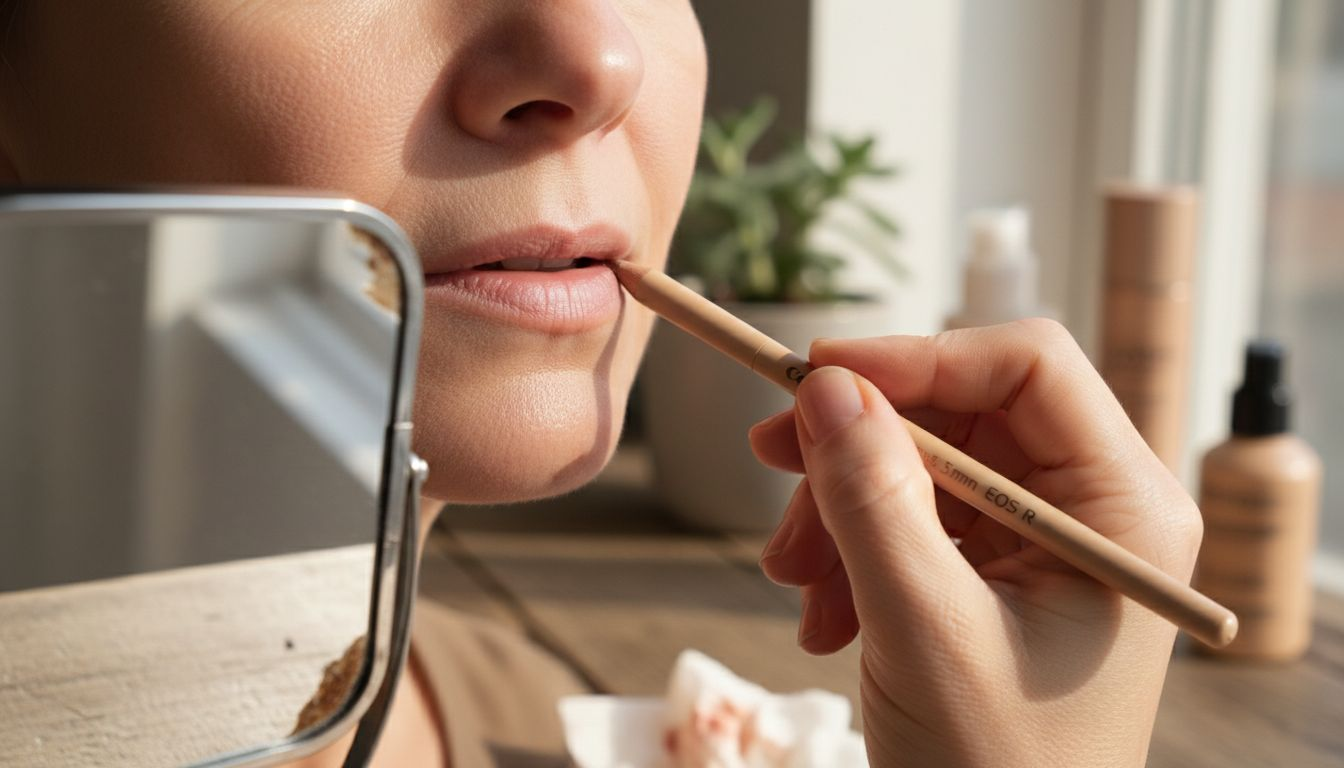 Close-up nude lip liner on mature lips