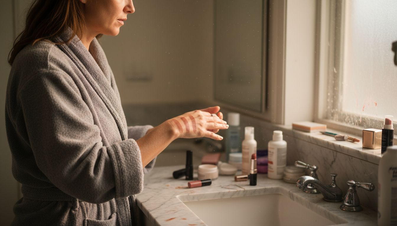 Woman comparing nude lipstick swatches