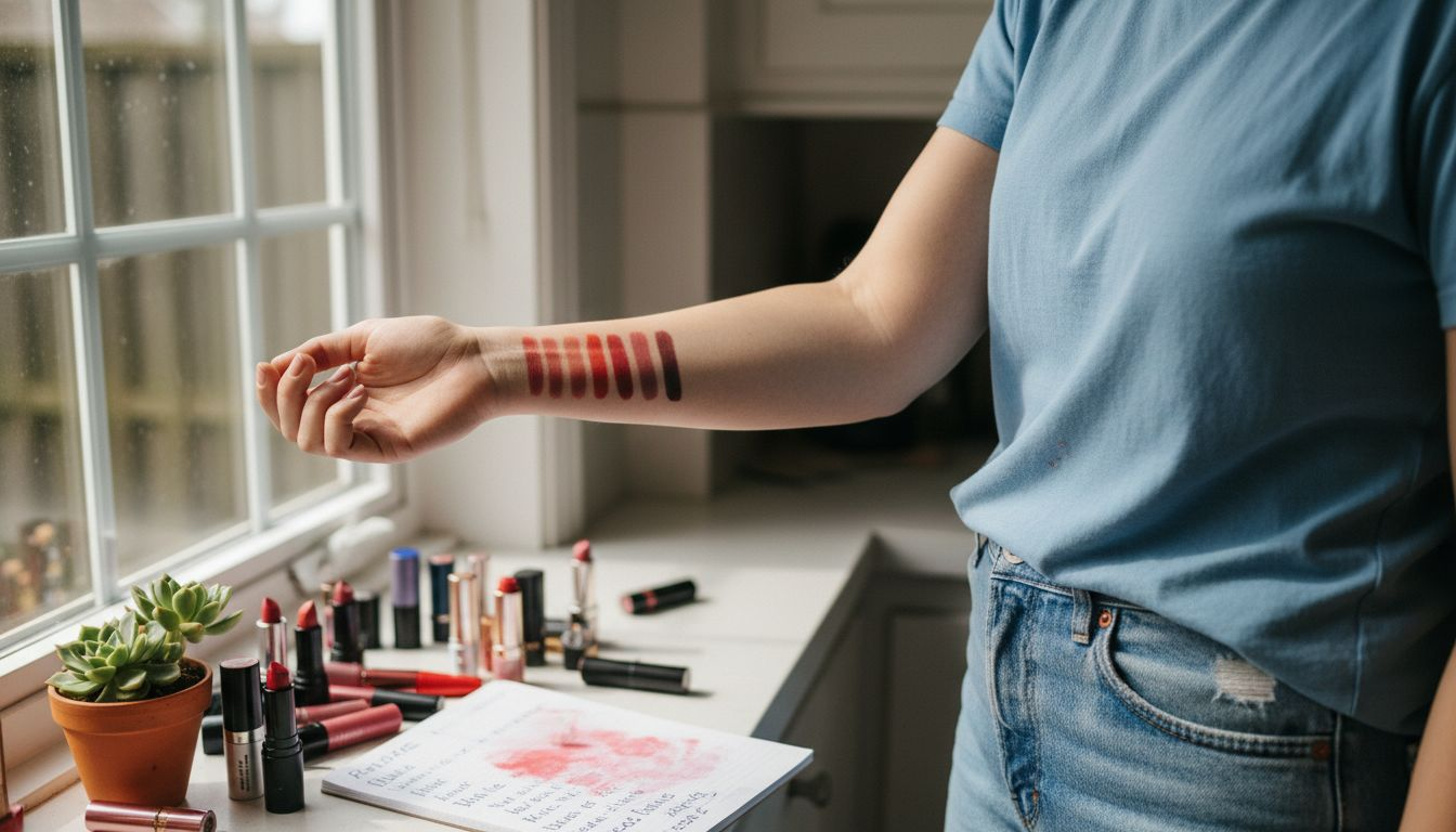 Lipstick swatches on arm by window