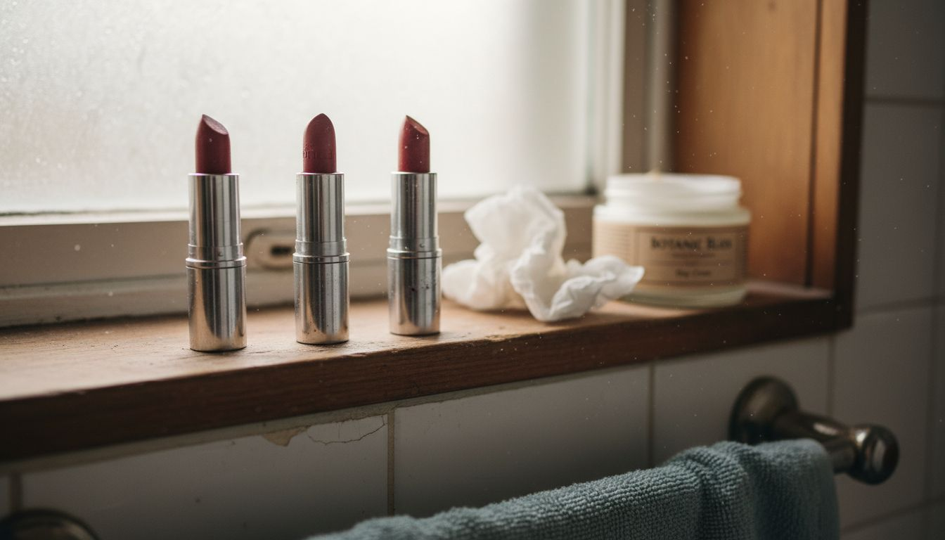 Lipsticks and botanical cream on shelf