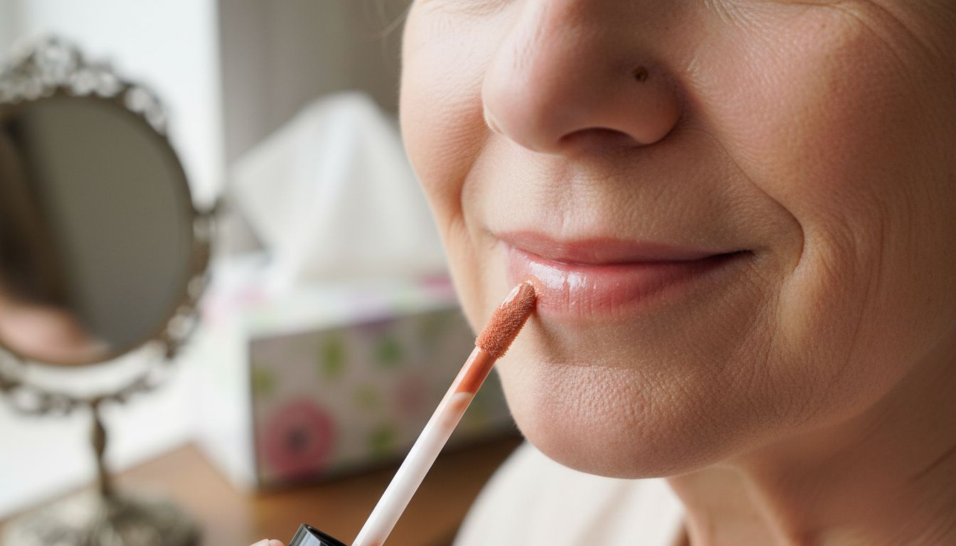 Close-up creamy lipgloss on mature lips