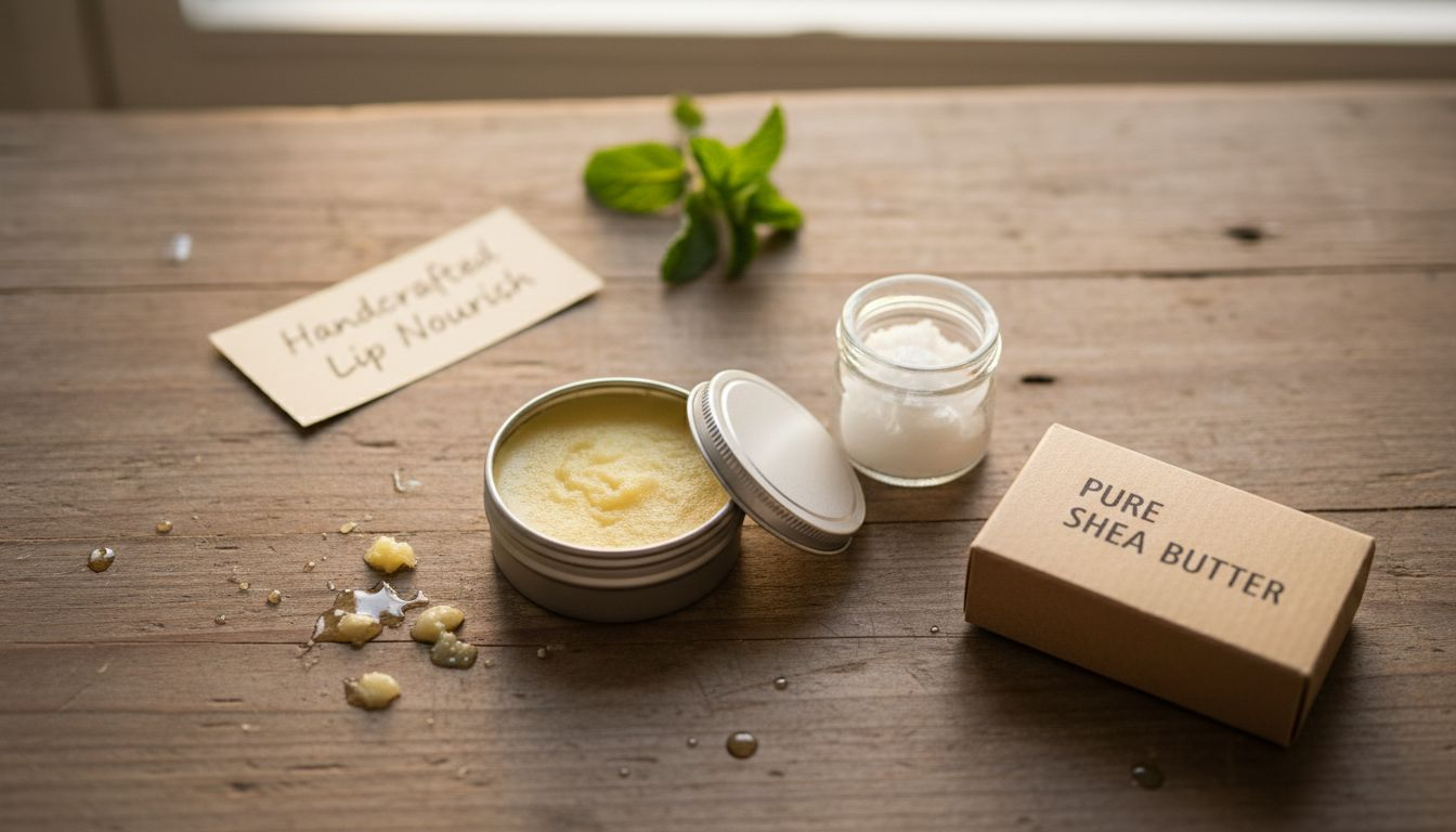Natural lip balm ingredients on wooden table