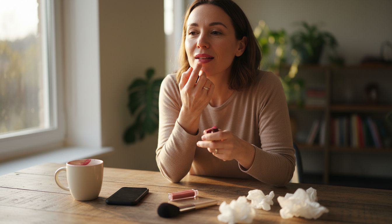 Woman applying lipstick with fingertip at table