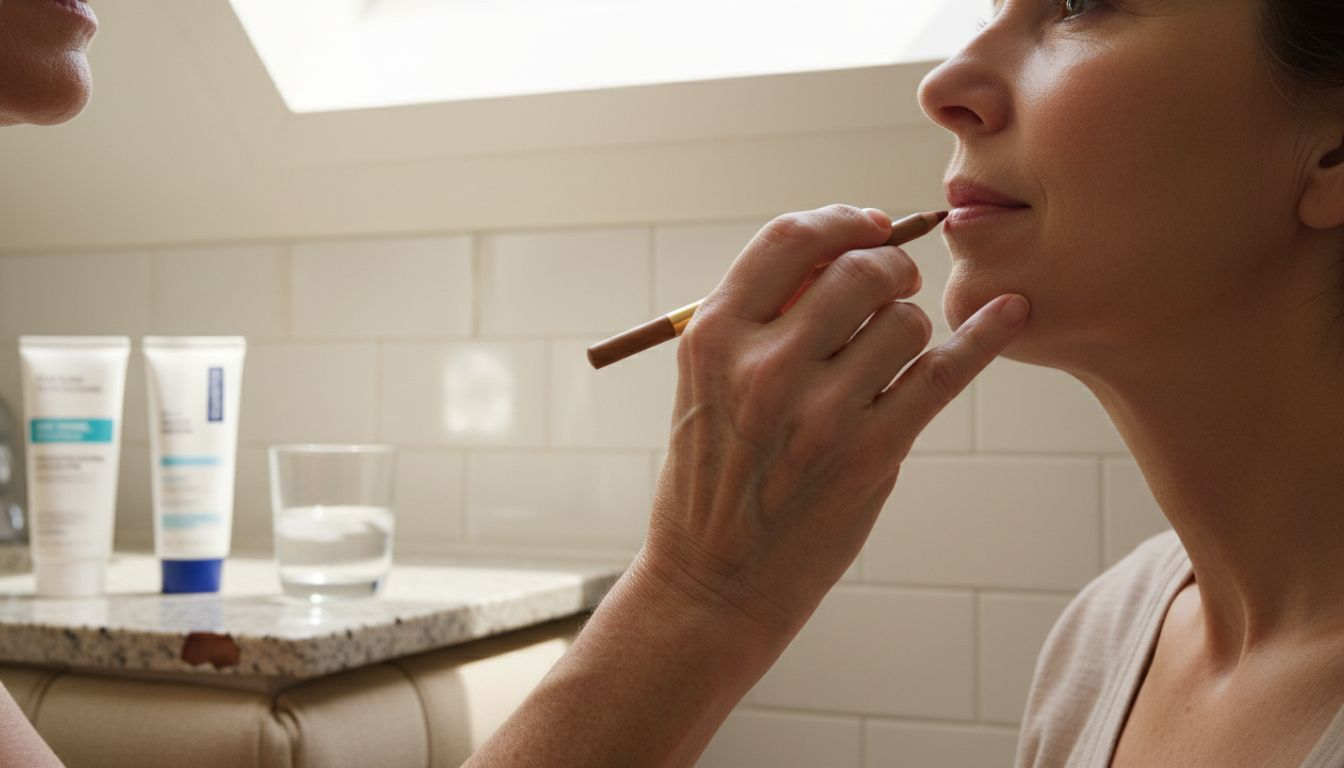 Close-up mature hands applying hydrating lip liner