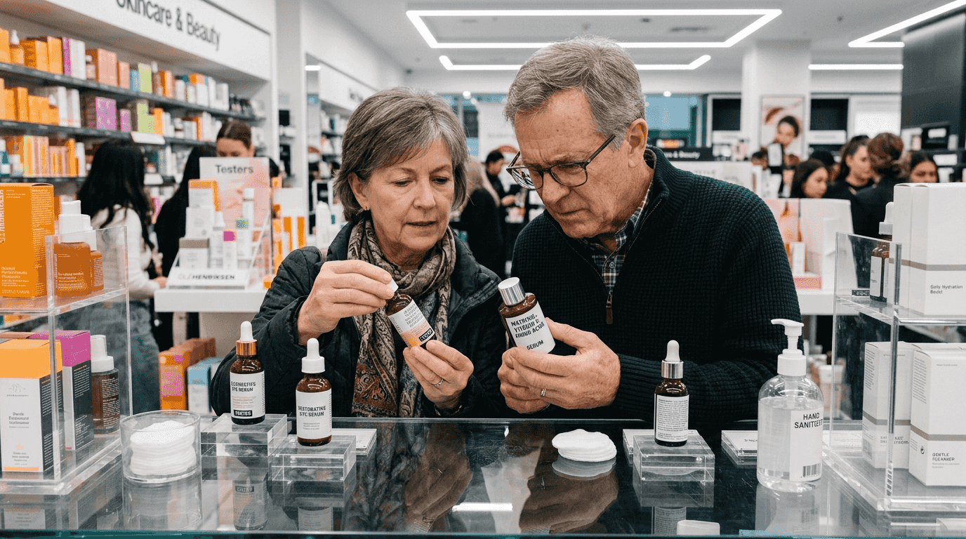 Customers comparing skincare products at beauty counter