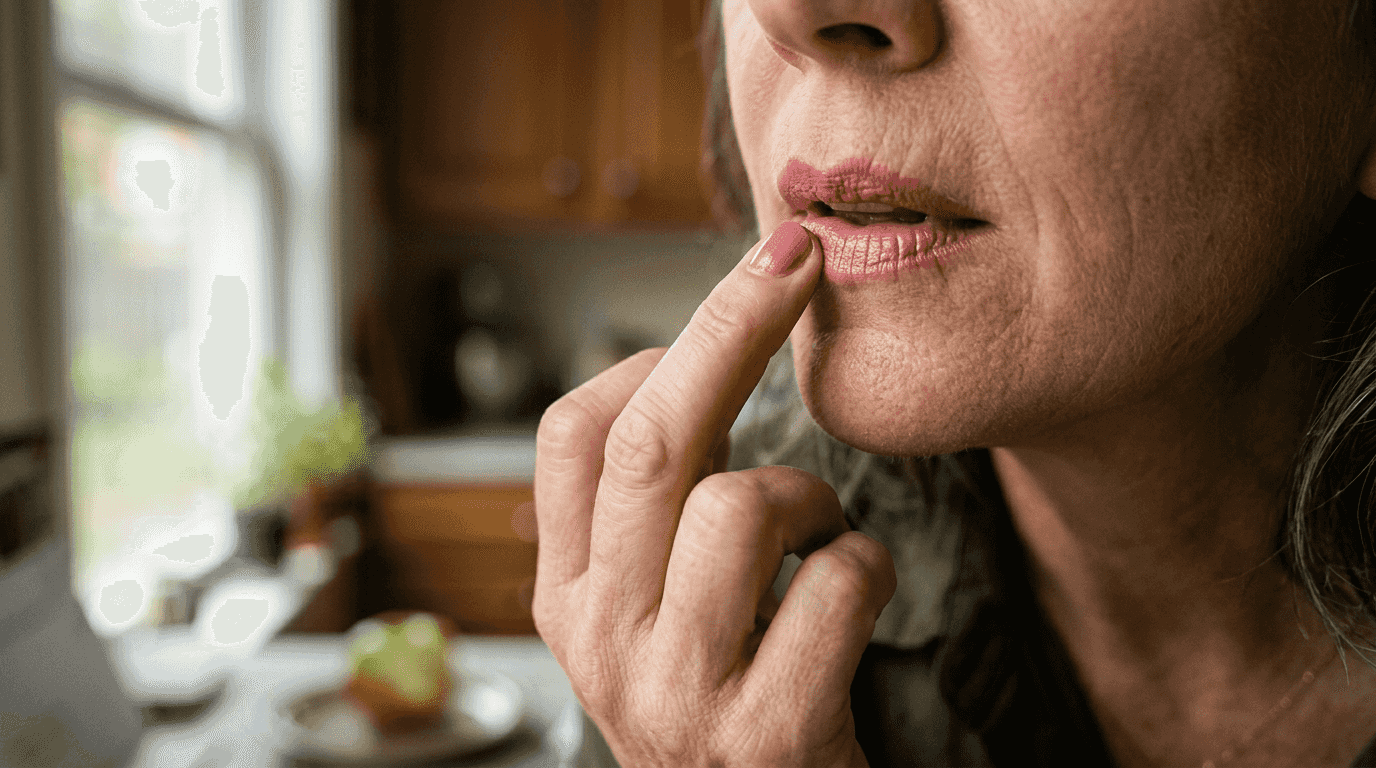 Mature woman dabbing creamy lipstick on lips