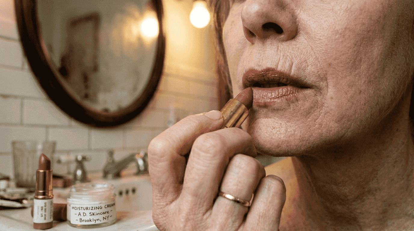 Close-up of mature lips with cream lipstick