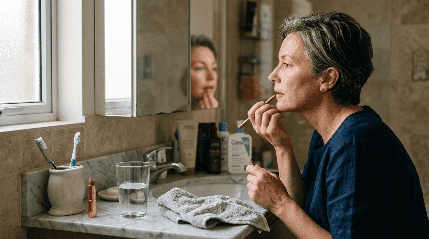 Woman using lip liner at marble counter