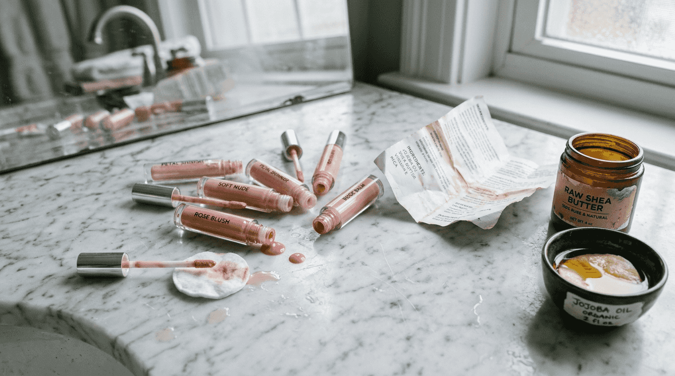 Lip gloss tubes and nourishing ingredients close up