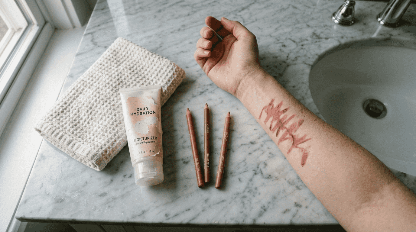 Swatched lip pencils on fair skin and marble counter