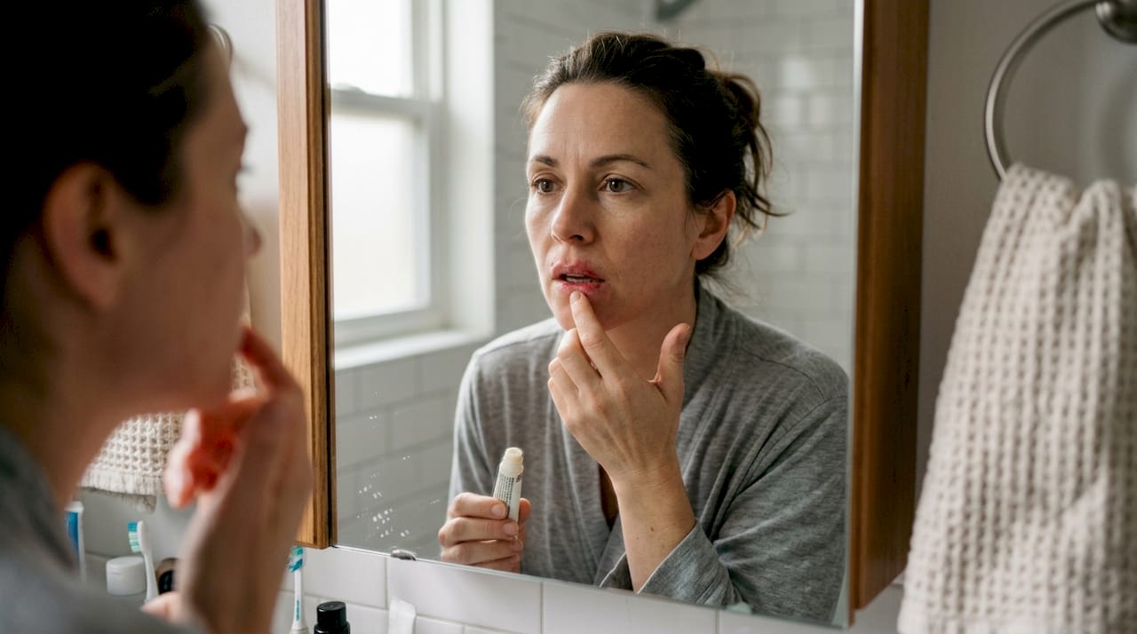 Middle-aged woman checking lips for irritation