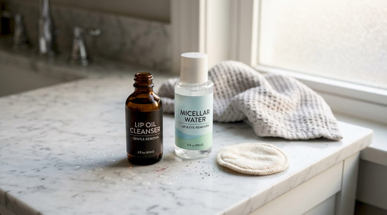 Gentle lip makeup removal products on counter