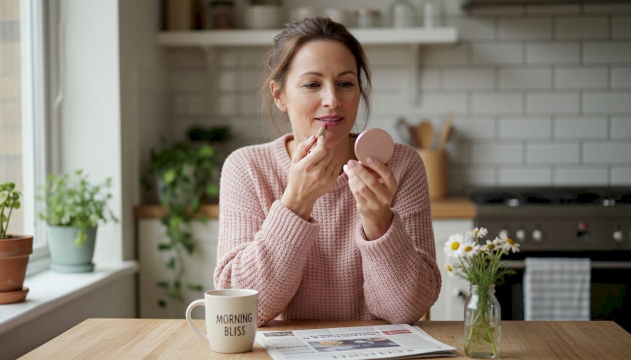 Mature woman applying lipstick at table